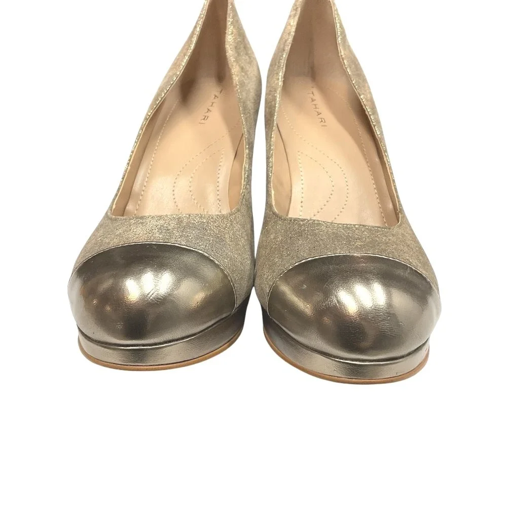Tahari Women's Laura Gold Cap Toe Leather‎ Platform Pumps Heel Size 8.5M Party